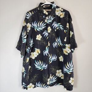 Retreat 100% Silk Floral Hawaiian Shirt Mens Large Black Tropical Hibiscus Aloha